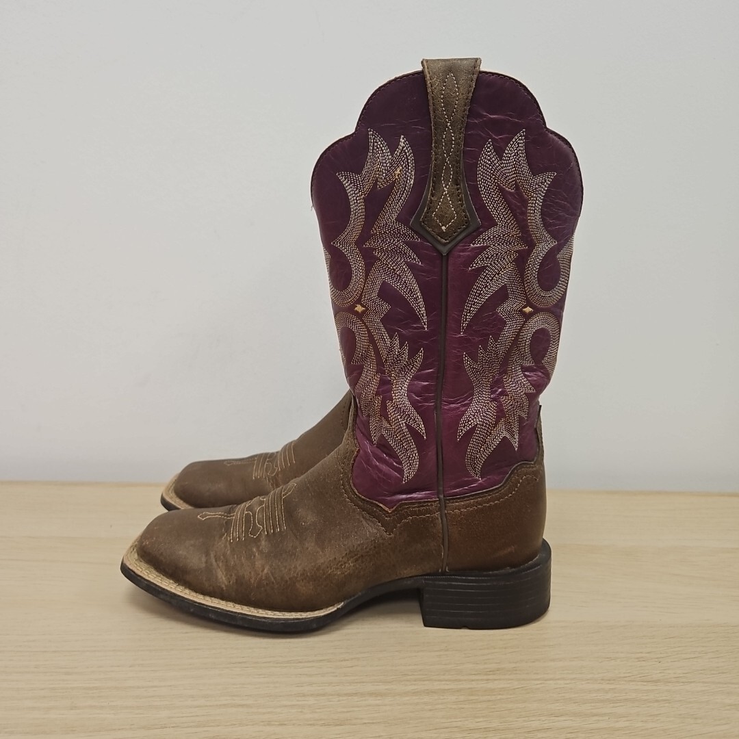 Ariat Tombstone Western Vaquera Cuero Marrón Tacón Grueso Botas Talla Uk 4 Para Mujer
