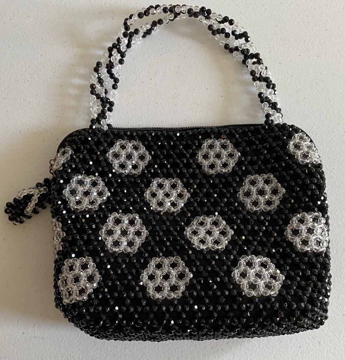 Crystal Beaded Plastic Purse Black Clear Handbag Home Made