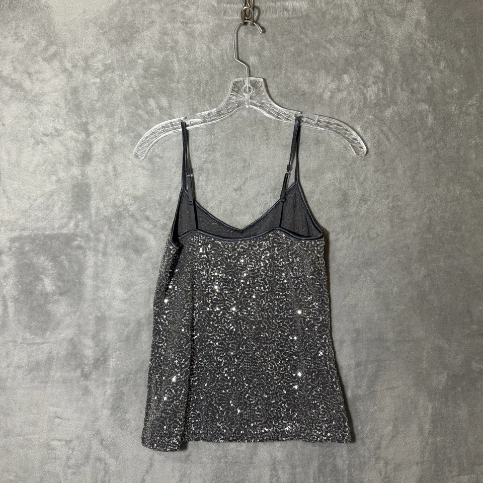 Camiseta sin mangas vintage Y2K Express plateada lentejuelas S salir camisola brillante metálica Foto 4 de 4