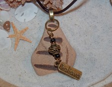 LOVELY SEA/BEACH POTTERY/GLASS NECKLACE  SURF TUMBLED ENGLAND BROWNS "BELIEVE"