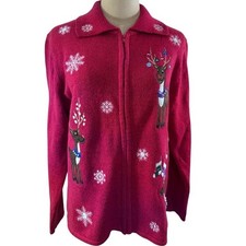 "Reindeer" Christmas Sweater, Red, No Size Tag, Zip Up, Embroidered, Collar