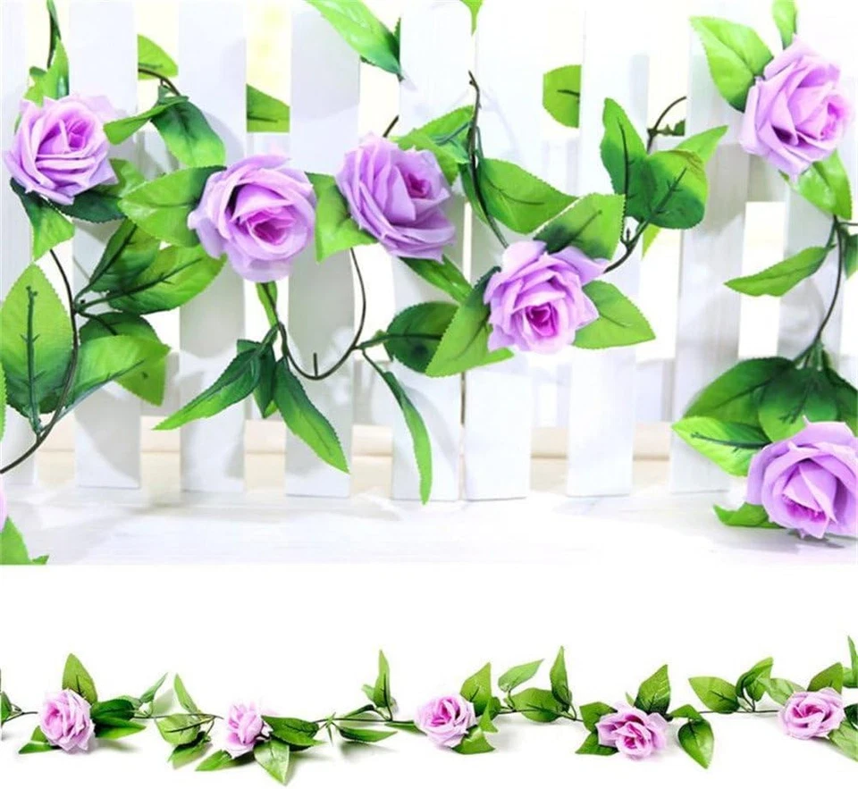 Paquete de 4 enredaderas de rosas artificiales de 7,8 pies con hojas verdes flores falsas plantas colgantes Foto 4 de 4