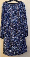Chaps long sleeve A-line dress size 12 black w/blue/purple/white floral print 