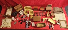 Vintage Mixed Lot Miniature Doll House Furniture & Dolls Wood Cast Iron Taiwan