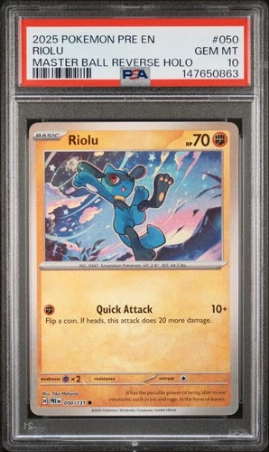 2025 POKEMON PRISMATIC EVOLUTIONS MASTER BALL REVERSE HOLO #050 RIOLU PSA 10