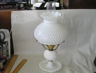 Vintage Milk Glass Hobnail Bedside Table Lamp w/ White Shade & Clear Chimney 17"