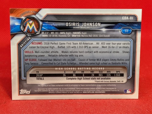 2018 Bowman Chrome Draft Pick Blue Refractor 141/150 Osiris Johnson #CDA-OJ Auto - Picture 2 of 2