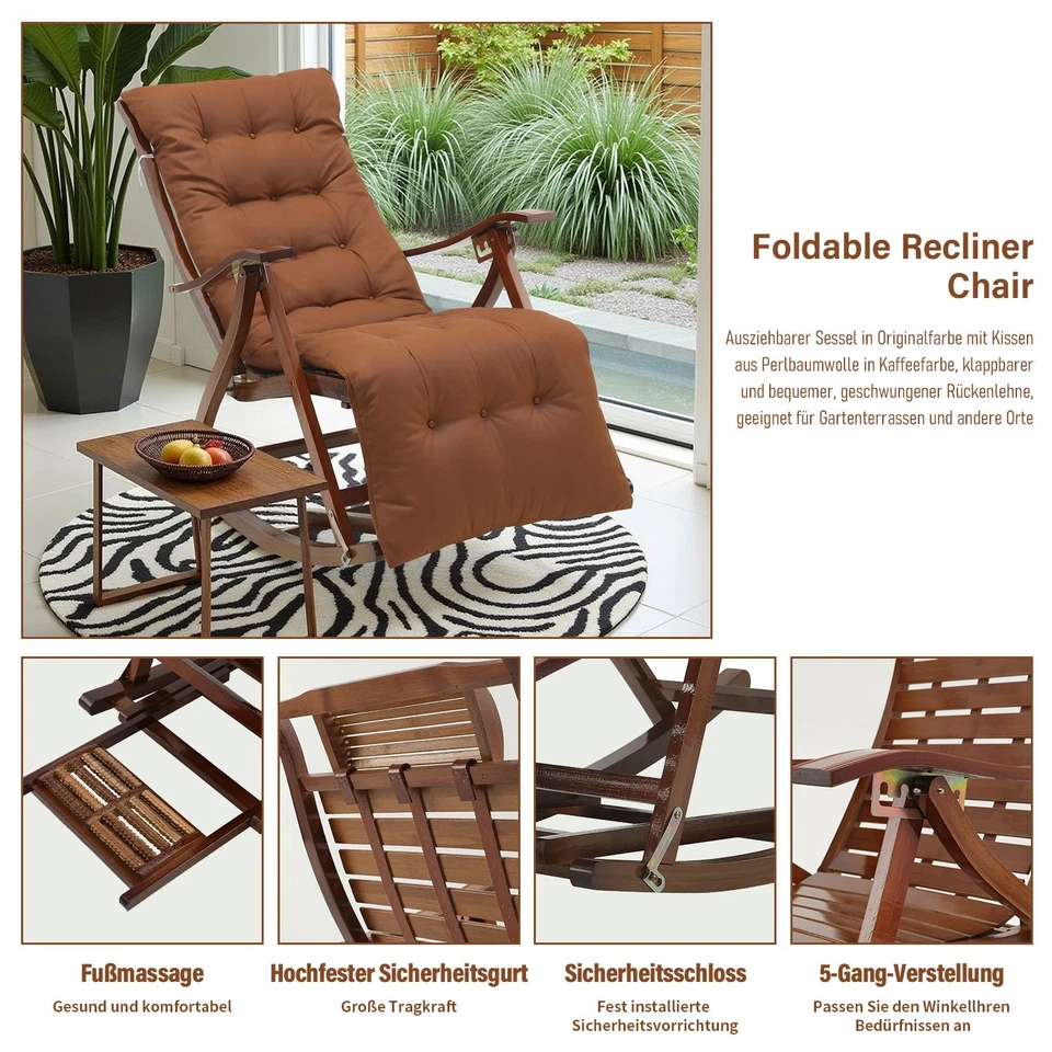 Gartenliege Sonnenliege Outdoor Schaukelstuhl Liegestuhl verstellbar Holzliegen - Bild 4 von 4