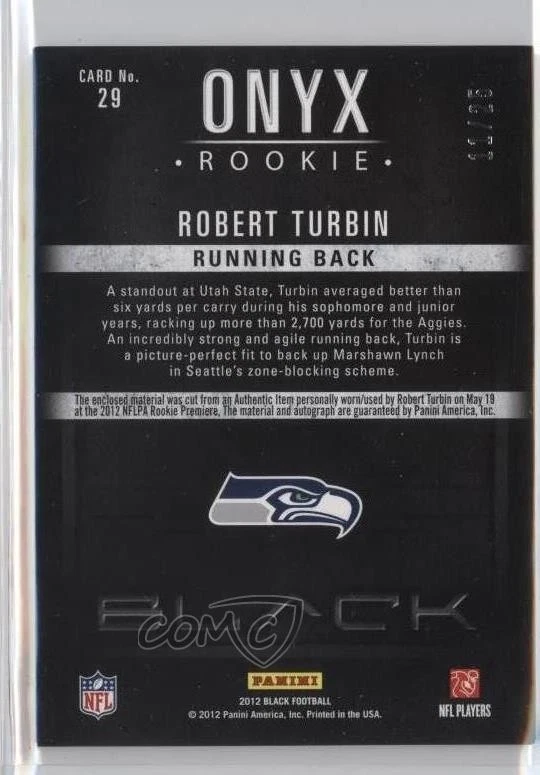 2012 Panini Black Onyx Rookie Materials Signatures /25 Robert Turbin #29 Auto RC - Image 2 of 2