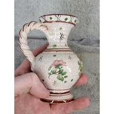 Vintage Ceramic Pitcher Vase Hand Painted Floral Design Twisted Handle Glaze 4.5