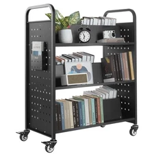 VEVOR 3-Tier Rolling Book Cart Double Sided W-Shaped Shelves Book Truck in Black