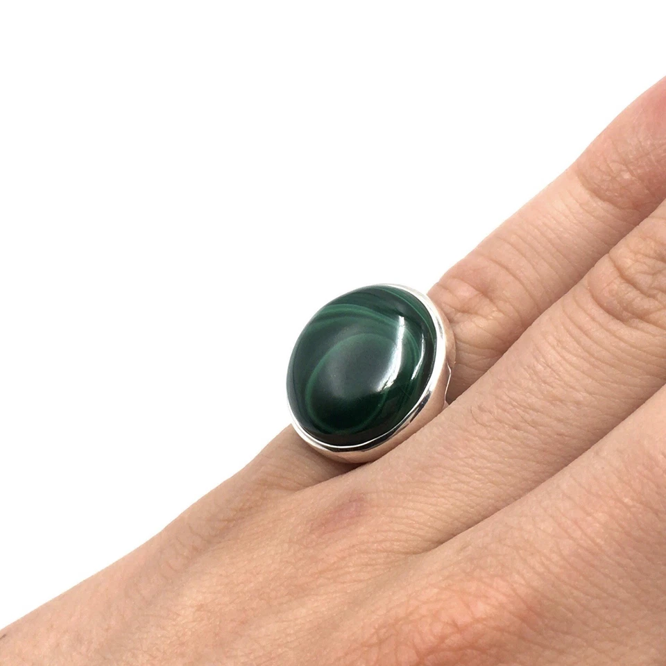 anello malachite verde argento 925 vintage donna gioielli sigillo 17,5 mm / 55 - Immagine 4 di 4