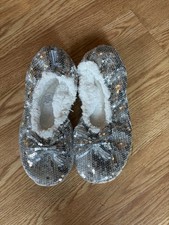 Women's Silver Sequin Ballet Slippers US 9-10 women, Slip-On Faux Fur Lined Bow