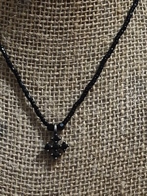 Vintage ''BJ'' Signed Beaded Black Choker Rhinestone Cross Necklace