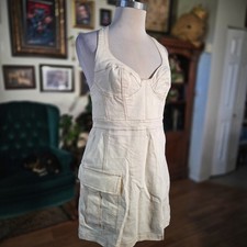 Urban Outfitters Cream Denim Halter Mini Dress Cargo Pocket Bustier Size L