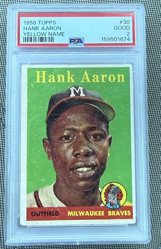 1958 Topps #30 Hank Aaron Yellow Name Milwaukee Braves PSA 2 Good New Slab🌵 