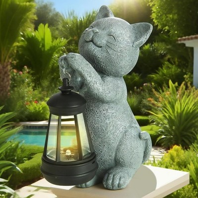 Solar Cat Garden Statue with Light - Cute Cat Figurine for Outdoor Decor, Wea...