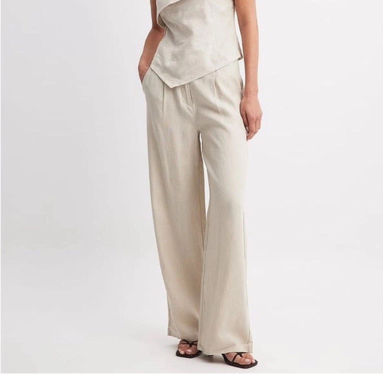 NA-KD Women's Linen Wide Leg Pants Beige Linen Cotton Size Us 42 XL  New