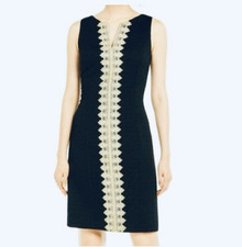 Papagallo Brook Dress Navy and Gold Lace Size 14 Knee Length Sheath Old Money