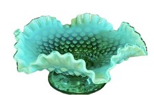 SCARCE Fenton EMERALD GREEN OPALESCENT HOBNAIL URANIUM CANDLE BOWL 1959-60