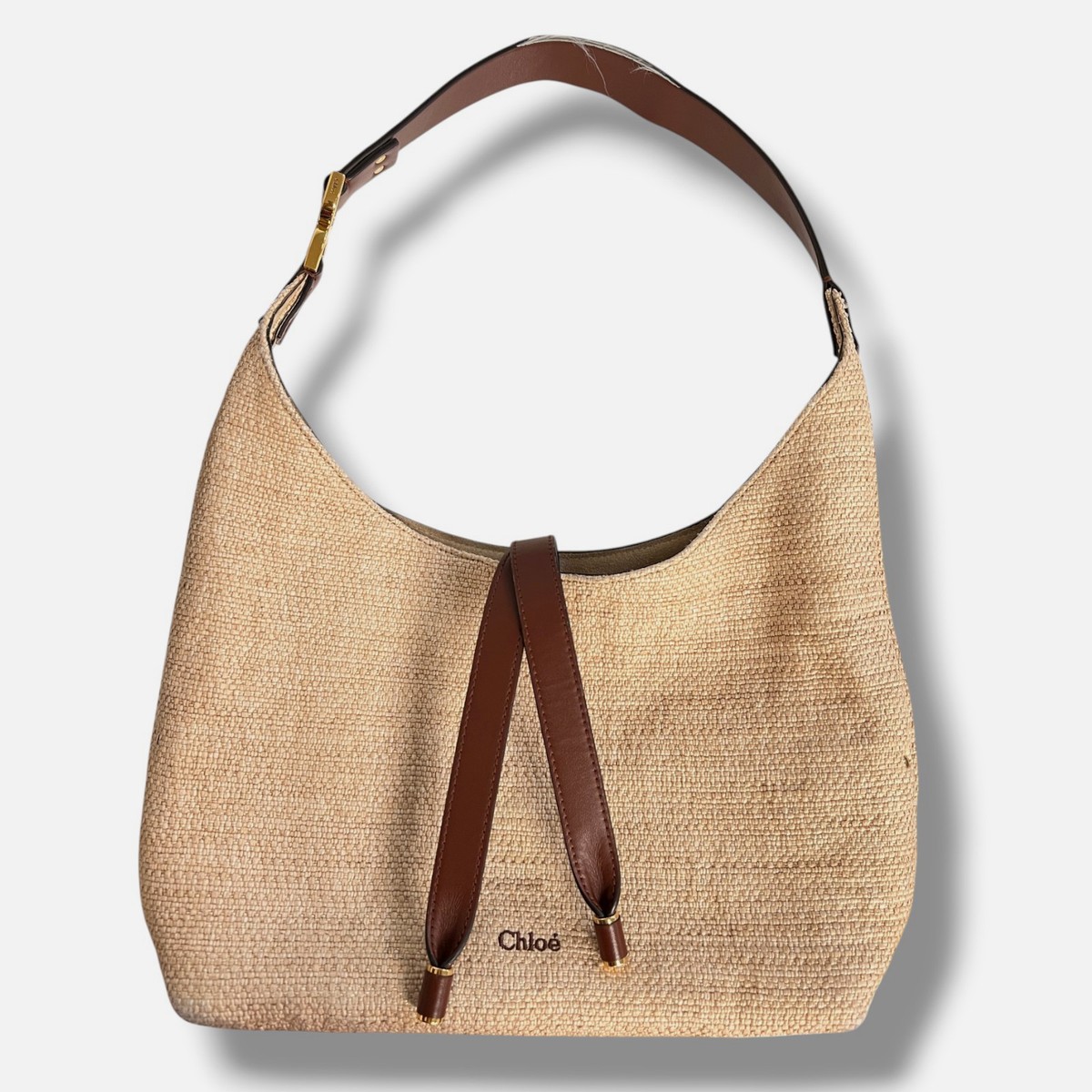 Chloe Women's Beige Marcie Raffia Leather Logo Shoulder Purse Bag