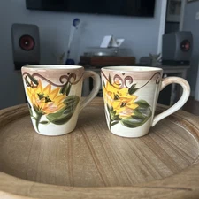"Sunny" by Tabletops Unlimited~Hand Painted Sunflower Mug Set Of 2 Discontinued
