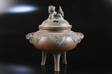K8699: Japanese Copper pattern sculpture Lion-shaped INCENSE BURNER
