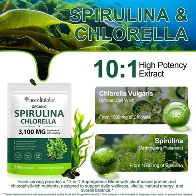 Organic Spirulina Chlorella 3100mg   300 Softgels Supergreens Energy & Gut Sup.