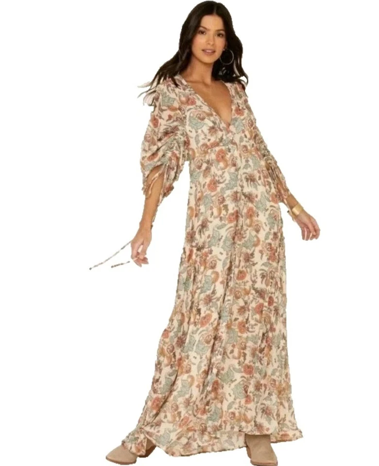 Nuevo con etiquetas Vestido Maxi Free People L Earthfolk Maxi Combo de Té Floral Transparente Manga Larga Foto 2 de 4