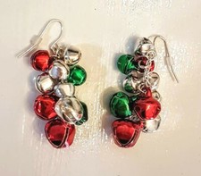 Christmas Earrings Red Green Silver Jingle Bells 2" Dangles Pierced French Hooks