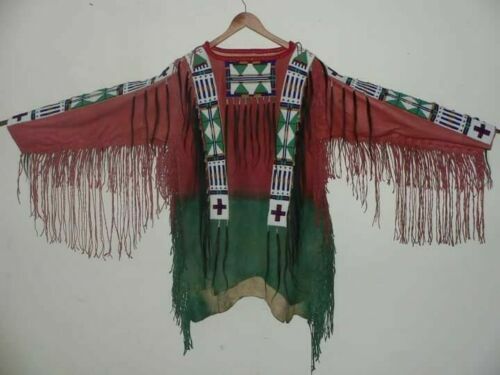 Handmade Powwow War Shirt Buckskin Suede Regalia Fringe & Beaded Detail NA697