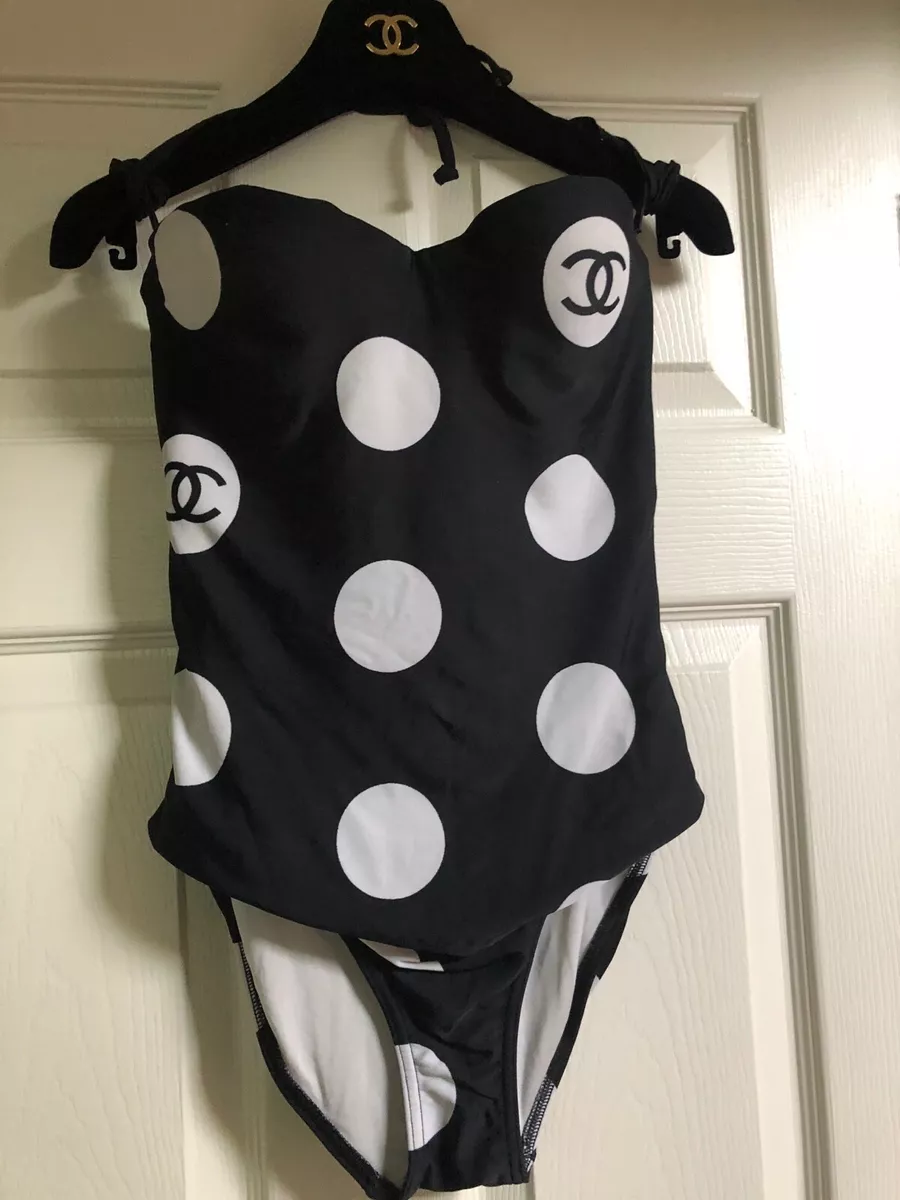 CHANEL VINTAGE 97P BLACK Swimsuit CC logos bra corset inside lining FR40-38