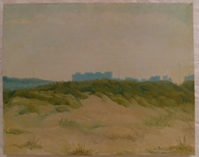 Cesare Pezzali Dipinto Paesaggio urbano dune 1980 Quadro Olio su tela 50x40 cm