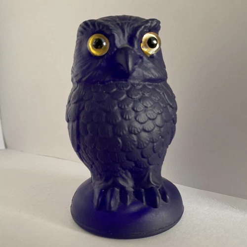 Vintage Art Glass Cobalt Blue Art Glass Owl Figure Figurine Yellow Eyes 3 3/4”