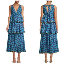 New $485 RHODE Leela Print Tiered Midi Dress In Blue Ikat Size: Medium