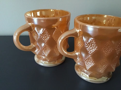 Fire King Peach Lustre Coffee Mugs Kimberly Diamond Set of 2