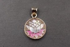 14K Solid Yellow Gold 0.85" MOP Lotus Charm Pendant.