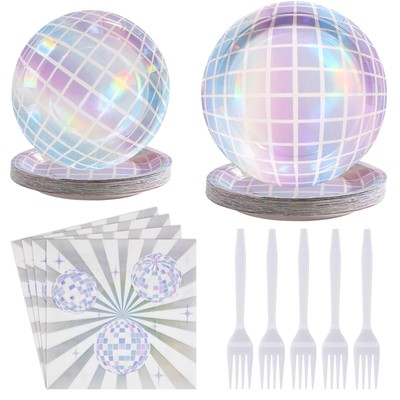 96 Pcs Disco Party Supplies- Disco Ball Tableware Set Including Disco Plates ...