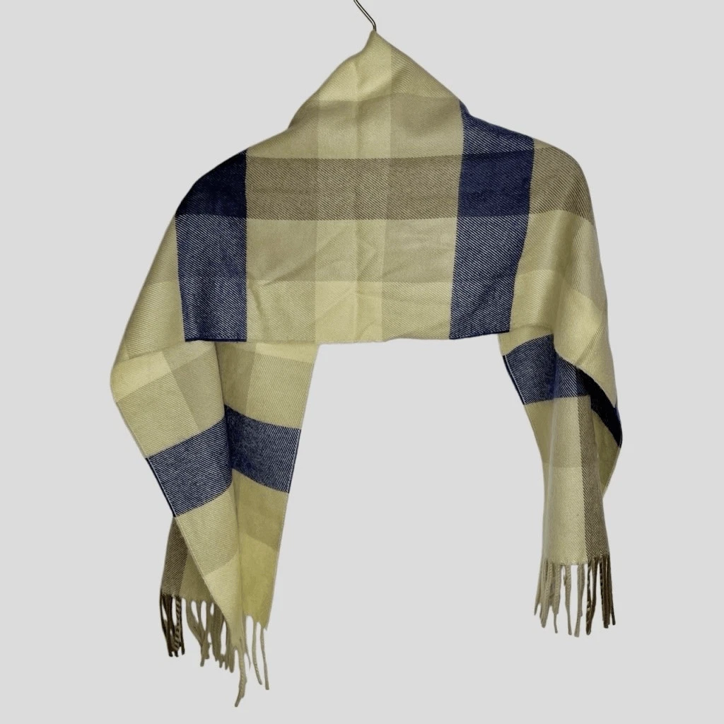 CHRISTIAN DIOR Monsieur Vintage Check Tan Plaid Cashmaire Foulard Frange 11”x48”