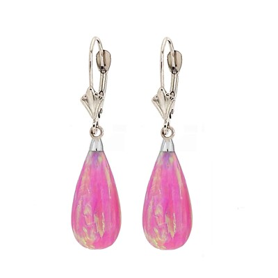 14K White Gold Teardrop Pink Fire Opal Leverback Dangle  display picture 1