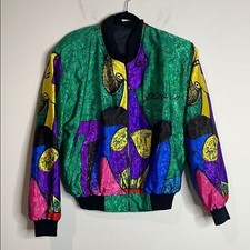 Vintage Picasso Print Bright Colorful Full Zip Satin Bomber Jacket Size XL
