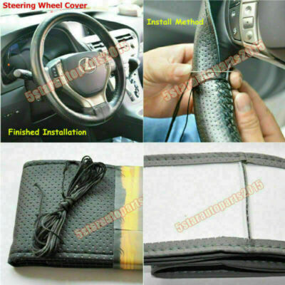 DIY Leather Car Steering Wheel Cover Needle Thread Anti-slip in Black 15''