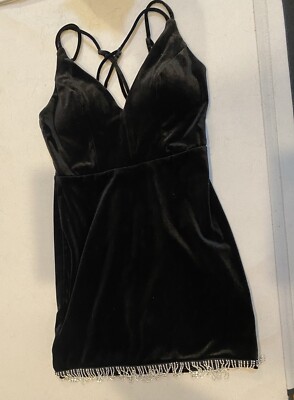 Tiger Lily Black Velvet Mini Party Dress With Beaded Crystal Fringe Juniors 7