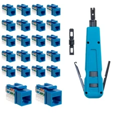 Punch Down Tool with 20 x Cat5e RJ45 Keystone Jack Blue 45-Degree Network Set