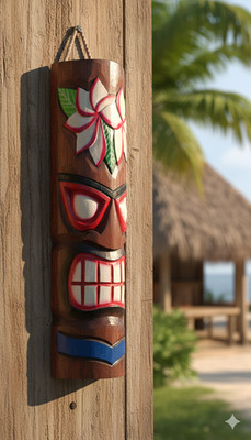 Handgeschnitzte Holz Tiki Maske Wanddeko - heftiges Gesicht & Plumeria Blumen 50 cm