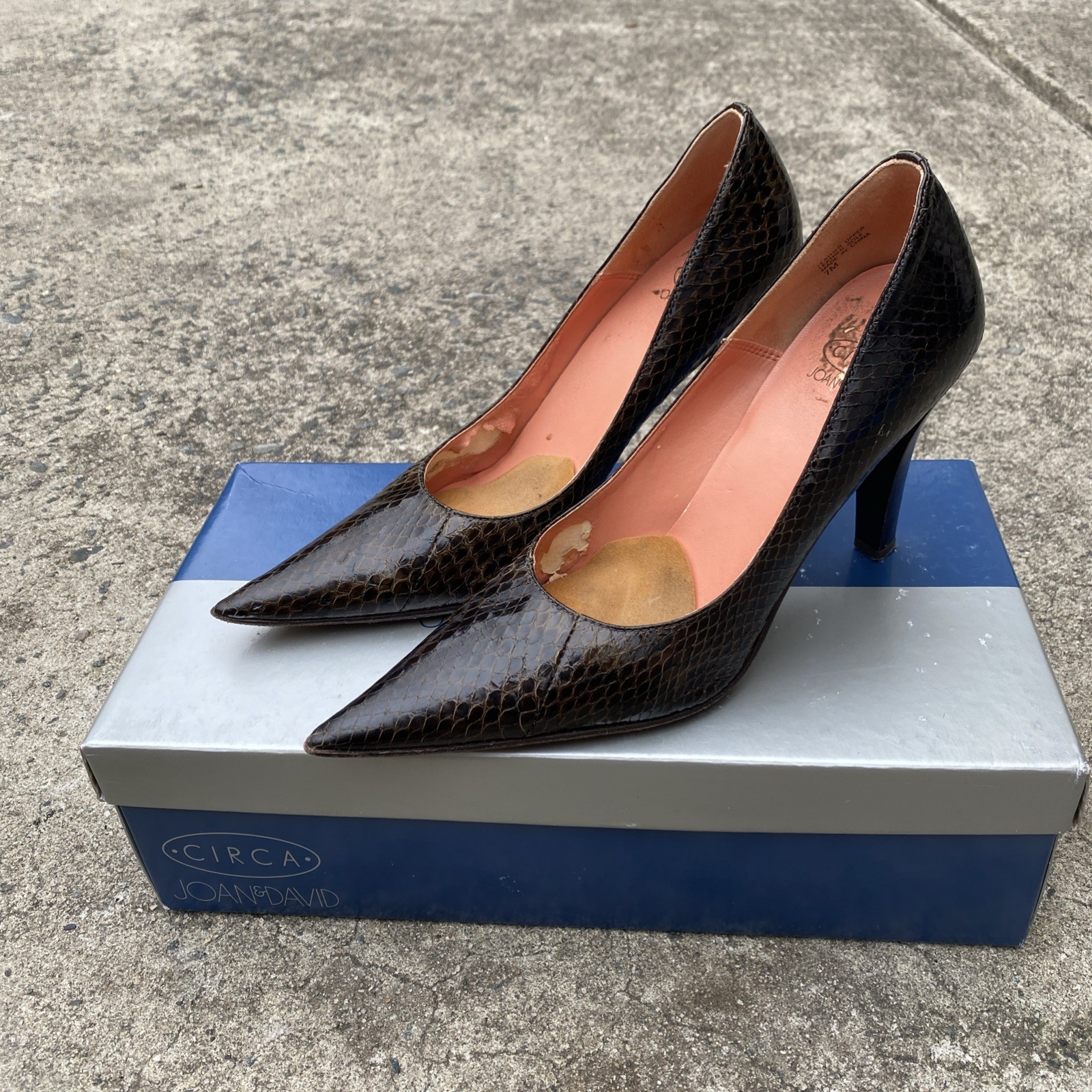 Circa Joan & David Snakeskin Look Pointed Toe Heels, Leather Pumps 7 Box & Bag
