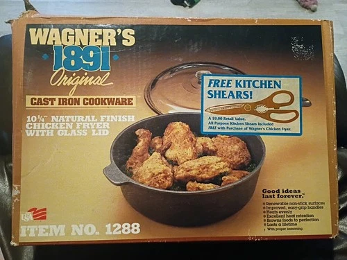 Vintage Wagner’s 1891 Original Cast Iron 10 1/4” Chicken Fryer W/Glass Lid #1288