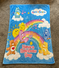 CARE BEARS Have A Rainbow Day Fleece Throw Blanket 39x29 Blue Sun Clouds EUC