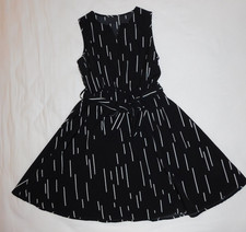 Shein Women's Black Lines Print Dress Size S Tie Belt Elastic Waist Split V-neck