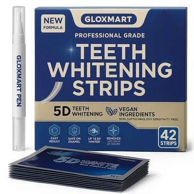 GLOXMART 5D Teeth Whitening Strips 42 Count + Pen | Professional Grade, Sensitivity Free